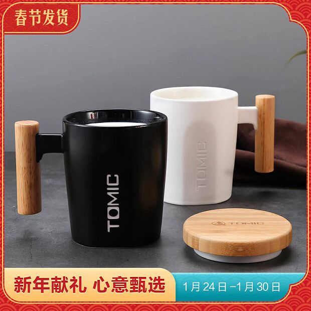Temei Creative Ceramic Mug With Wooden Handle 400ml (White) - 1